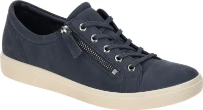 A single blue sneaker with a beige sole is shown against a white background.