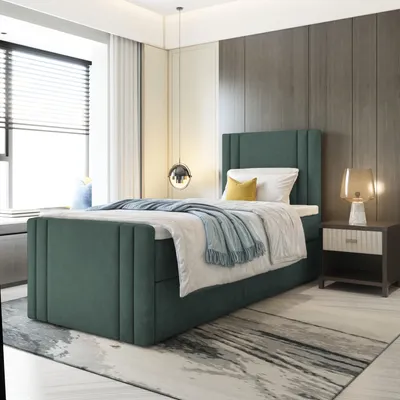 Produktbild von Bett, Boxspringbett RALI MINI mit Fußteil und T25 Topper, Einzelbett, Stauraum, Schlafzimmer, Polsterbett, 80x200 cm. (Grün - Itaka 10)