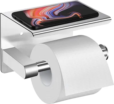 A stainless steel toilet paper holder with a shelf for a smartphone.