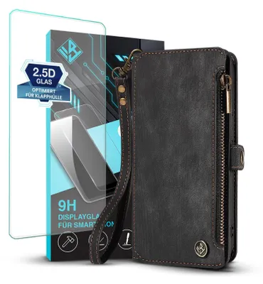 Produktbild von Handy Hülle für Samsung Galaxy S25 Edge Geldbeutel Geldbörse RFID Schutz Klapphülle Cover Schutzhülle Wallet mit 9H Displayglas Displayschutz Farbe: Schwarz