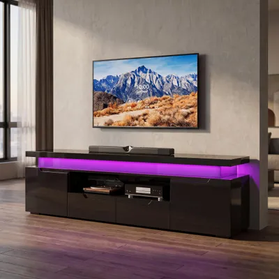 Productafbeelding van INONEFT TV-kast 180x35x52 cm met RGB-LED-verlichting, TV-meubel voor televisies tot 75 inch, met 2 deuren, 2 lades en een open vak, bedienbaar via app en afstandsbediening, zwart