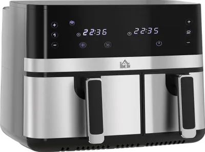 Produktbild von HOMCOM Heißluftfritteuse 8,5L Fritteuse mit Doppelkammer, 8 in 1 Rezeptur, Airfryer mit Antihaftbeschichtung, Touchscreen, ohne Öl, Schwarz