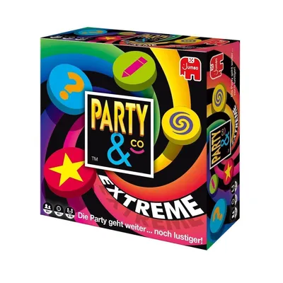 The image shows the front and side of a board game box for "Party & Co. Extreme". The box has a vibrant, colorful design with swirling patterns and circular game pieces with various icons. The game title and subtitle are prominently displayed.