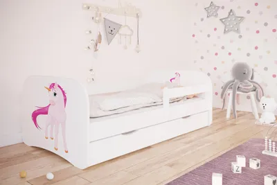Image de Lit d'enfant 160x80 avec matelas, protection antichute, sommier à lattes & tiroir en blanc 80 x 160 fille lit rose licorne