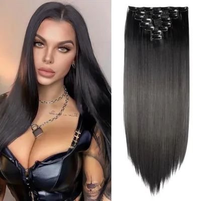 Obrázok produktu pre Clip-in predlžovanie vlasov, syntetické vlákna, 8 prameňov, 18 klipov, rovné, 66 cm, čierna farba, 140 g
