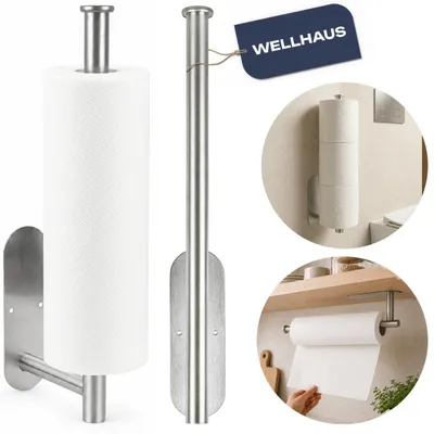 Obrázek produktu pro Držák na kuchyňské utěrky WELLHAUS, nástěnný, 33 cm, stříbrný, bez nutnosti vrtání, s šrouby