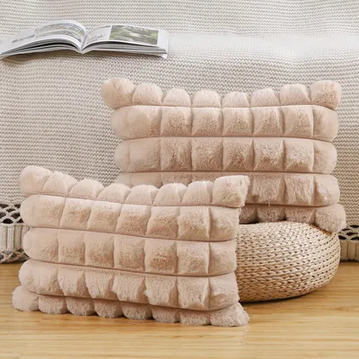 Obrázek produktu pro Sada dvou povlaků na polštáře z umělé kožešiny, pruhované, měkké, barva: krémová, rozměry: 30x50 cm a 50x30 cm