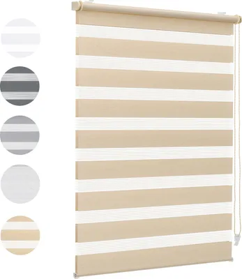 A roller blind with horizontal stripes of beige and white, shown against a white background. Several circular swatches of different color options for the blind are displayed to the left of the main product image.