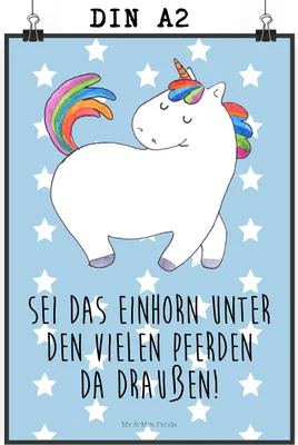 Produktbild von Mr. & Mrs. Panda Bild Einhorn Stolzieren DIN A2 - Blau Pastell - Geschenk, Reiter, Plakat, wanddeko, Reiten, Unicorn, drucke, Wandbild, kunstdruck poster, Einhörner