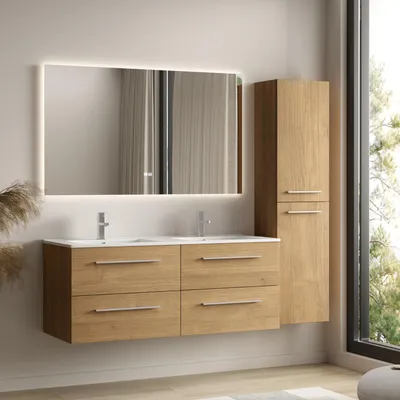 Produktbild von LOMAZOO Badmöbelset NAVERO 120 cm - Mit Hochschrank - Helles Eichenholz - Waschbecken Weiß