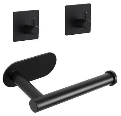 Produktbild von Omgoods – Klebender Toilettenpapierhalter, schwarz, mattes Edelstahl, mit 2 Handtuchhaken – ohne Bohren