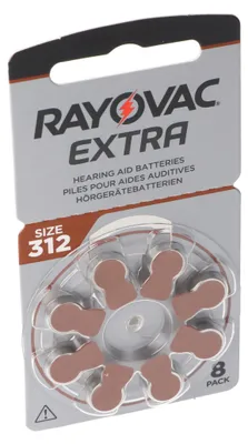 A retail package of Rayovac Extra hearing aid batteries.