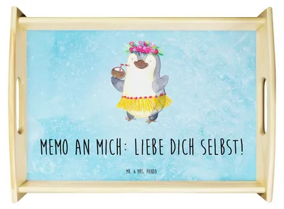 Produktbild von Mr. & Mrs. Panda Servierplatte Holz Pinguin Kokosnuss - Eisblau - Geschenk, Tablett, Deko, Urlaub, Holztablett, Serviertablett, Dekotablett, Hawaii, Sofa, Pinguine