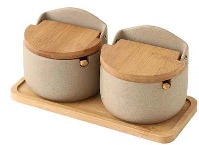 Immagine prodotto di Contenitori per spezie in Vetroceramica con coperchio in legno, set da 2 pezzi, 8,98 x 4,25 x 3,74 pollici, da appoggio sul piano di lavoro della cucina
