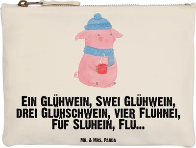 Produktbild von Mr. & Mrs. Panda kosmetiktäschchen Schweinchen Glühwein Grösse XL Große - Weiß - Geschenk, Kulturtasche, Spruch, Mäppchen, Stoffbeutel, Weihnachtsmarkt, Weihnachten