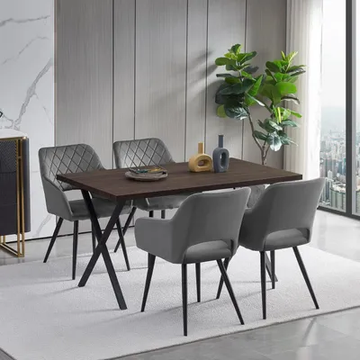 Image de Ensemble de salle à manger comprenant une table en bois et 4 chaises avec accoudoirs, de couleur grise, dimensions : 140 cm