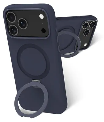Two dark blue phone cases with ring holders are shown against a white background.