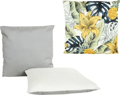 Produktbild von JACK 3er Set Outdoor Lounge Kissen 45x45cm 1x Motiv + 2x Wende Dekokissen inkl. Füllung Wasserfest Sitzkissen Garten Stuhl, Farbe:Blütentraum Gold