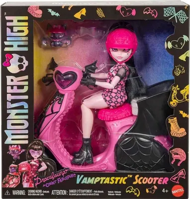 A Monster High doll named Draculaura is shown in her packaging with her Vamptastic Scooter.