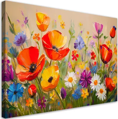 Produktbild von Leinwandbild Mohnblumen Bunte Blumen auf einer Wiese 90x60 Feeby Bunt bild für die wand bereit zum aufhängen