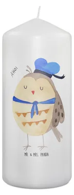 Produktbild von Mr. & Mrs. Panda Kerze Eule Matrose 19 x 8 cm - Weiß - Geschenk, Erinnerungslicht, Ehe, Wachskerze, Stumpenkerze, Heimathafen, Freundin, Blockkerze, Bedruckte, Owl