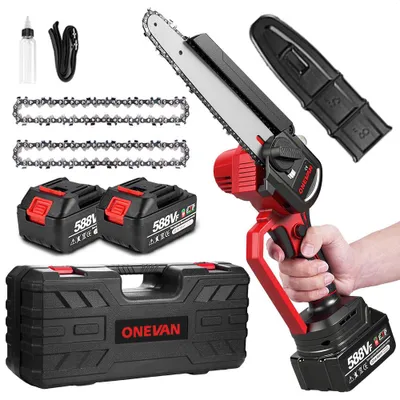Produktbild von Akku-Kettensäge 8'' mini Kettensäge mit 2x Akkus, 3x Sägekette Bürstenlose Astsäge Akku, Handkettensäge, für Gartenscheren Holzschneidenz