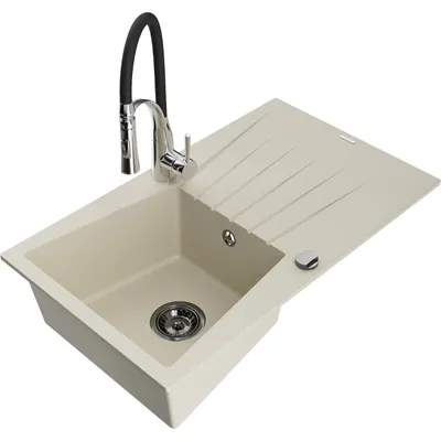 Obrázek produktu pro Mexen Cesar 1-miskový granitový dřez s odkapávačem a kuchyňskou baterií Aster, Béžová - 6514-69-73450-07-B