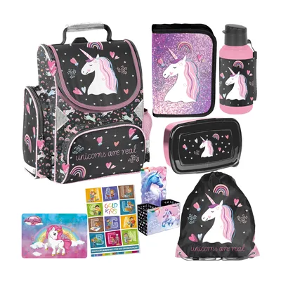 Produktbild von Goldkids - Schulranzen für Jungen und Mädchen, 8er-Set - Schul-Rucksack für Kinder mit Federmäppchen - Schuhbeutel Sammelmappe Trinkflasche - Einhorn