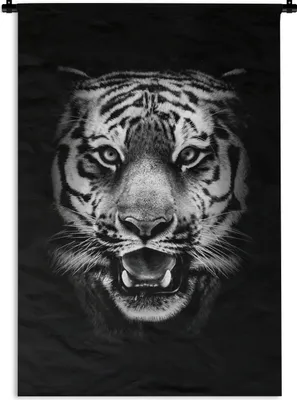 Produktbild von MuchoWow® Wandteppich Wandbehang Tigerkopf vor schwarzem Hintergrund - schwarz und weiß 90x135 cm Tapisserie Dekoration Wandtuch - Baumwolle - Wandskulptur
