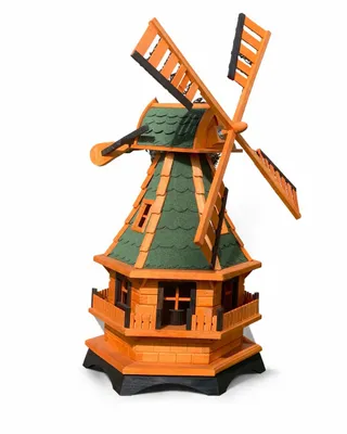 Produktbild von Deko-Windrad XL Gartenwindmühle Holz 130 cm mit Solar LED weiß drehbar Dachfarbe Grün