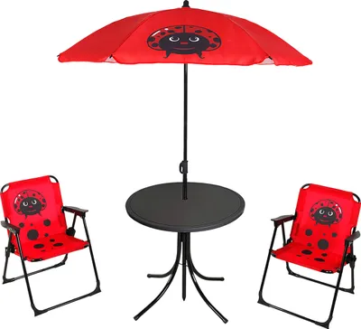 A children's outdoor seating set with two chairs, a table, and an umbrella, all decorated with ladybug designs.