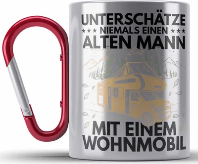 Produktbild von Trendation - Unterschätze Niemals Einen Alten Mannin Einem Wohnmobil Edelstahl Tasse Karabiner Geschenk Camper Wohnmobilfahrer Geschenkidee Lustig (Rot)