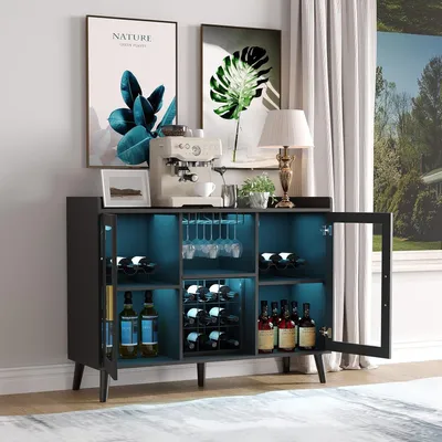 Produktbild von Weinregal aus MDF mit Holzfuessen Schwarz Weinschrank Hausbar 120x40x90 cm Wohnzimmer Esszimmer