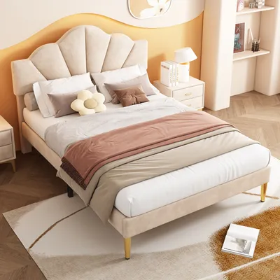 Produktbild von MODFU Polsterbett 140 x 200 cm mit lattenrost aus holz, Doppelbett Jugendbett mit höhenverstellbares Kopfteil in muschelartigesform, Samt Beige(Ohne Matratze)