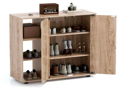 Produktbild von Schuhschrank, Schuhregal mit 2 Türen, verstellbaren offenen Regalen, Schuhkommode, Schuhaufbewahrung für Flur, Diele und Wohnzimmer, 80 x 31 x 64,5 cm (Natur)