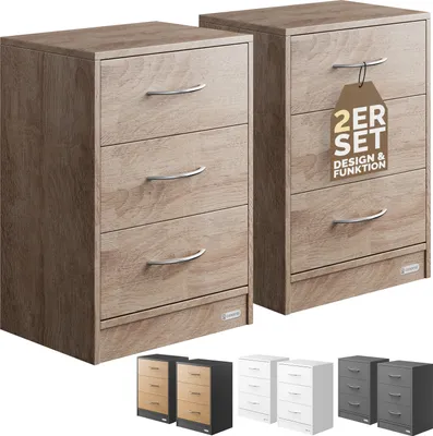 Produktbild von CASARIA® Nachttisch 2er Set 54x39x28cm Holz 3 Schubladen Boxspringbett Schlafzimmer Wohnzimmer Beistelltisch Nachtschrank Nachtkästchen Tisch Eiche