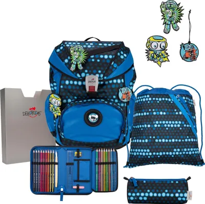 A collection of school supplies including a backpack, drawstring bag, pencil cases, and accessories, all with a blue and black dotted pattern and robot-themed embellishments.