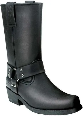A single black leather motorcycle boot is shown against a white background.