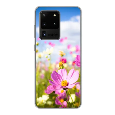 Produktbild von MuchoWow® Handyhülle Schutzhülle Hülle für Samsung Galaxy S20 Ultra Blumen - Wiese - Lila - Gras - Weiß - Wolken - Blau Silikon Softcase Handy Hülle - Karteninhaber