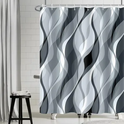 Image de Rideau de douche bleu, 180 x 180 cm, anti-moisissure, rayures grises, dégradé de couleurs, lavable, imperméable, en polyester, avec 12 crochets pour la salle de bain
