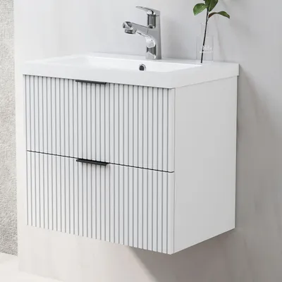 Produktbild von Waschtisch mit Unterschrank 60cm RIVA Badmöbel Set Weiß Waschbecken mit Unterschrank MDF Softclose