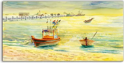 Produktbild von Coloray Acrylbild 100x50  Wandbild Acrylbilder Strandsegel Boots Brücke Meer wasser