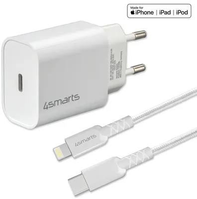 Produktbild von 4smarts Schnelllade-Set 20W mit 1.5m Lightning Kabel f. iPhone