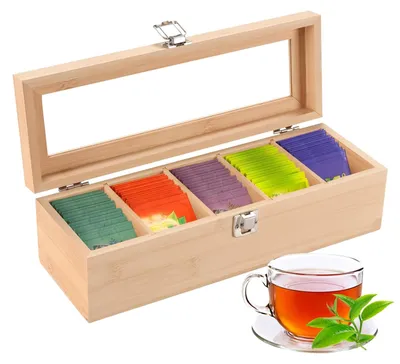 Obrázek produktu pro Omgoods - Krabička na čaj s 5 přihrádkami - Dřevěná krabička - Úložný box na sypaný čaj - S okénkem - Udržitelné - 9 x 30 x 10 cm - Čajová skříňka