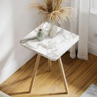 Produktbild von Quadratischer Beistelltisch mit Holzbeinen – Modern & stabil, Skandinavischer Stil, Vielseitig für Wohnzimmer & Schlafzimmer Nachttisch Weiß-Marmor