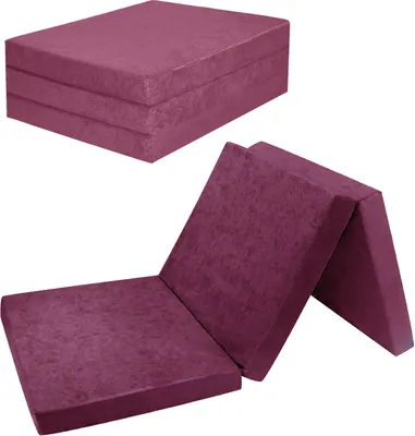 A folded and unfolded purple mattress shown against a white background.