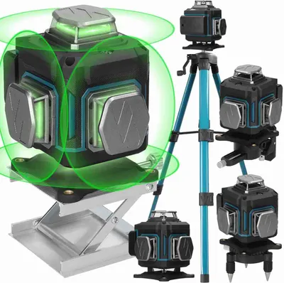 A collage of a 16-line laser level in various configurations and accessories.
