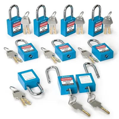 Immagine prodotto di Serratura di sicurezza da 38 mm, blu, confezione da 10 pezzi, per applicazioni di lockout/tagout