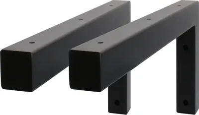 Two black metal shelf brackets are shown against a white background.