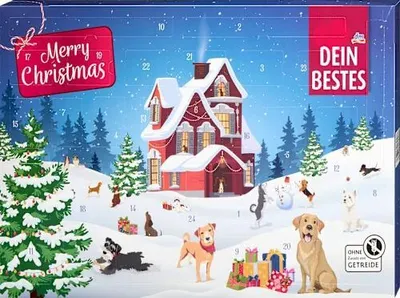 Produktbild von Dein Bestes Adventskalender 2026 für Hunde mit 24 Snacks, Hühnerfilet, Leberwurst, Kaustangen, Fleisch-Sticks, Zahnpflege-Ministicks, ( WERT : 100 €)